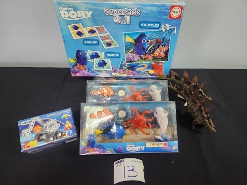 3 X FINDING DORY SEA TOYS, 2 X DINOSAURS, CONSTRUCTION TOY CAR & FINDING DORY PUZZLE