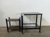 STEEL GRANITE TOP TABLE AND WOODEN TROLLEY
