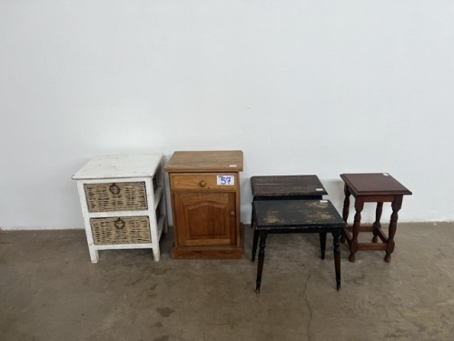 WICKER DRAWER CABINET, BEDSIDE PEDESTAL AND 3 X SIDE TABLES