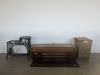 WOODEN KIST, SINGER SEWING MACHINE STAND, WOOVEN LAUNDRY BASKET AND WALL RACK