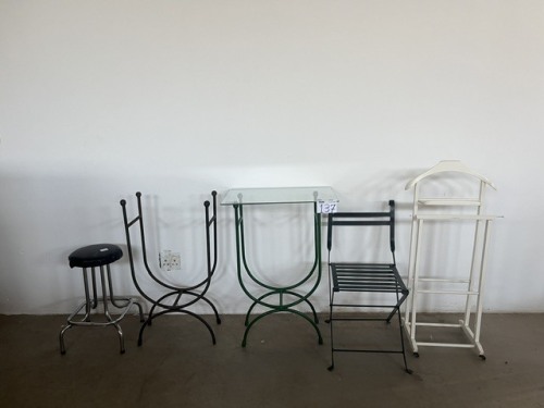 DUMP VALET, STEEL CHAIR, ROUND STOOL AND STEEL STANDS