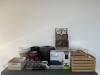 AIR MATTRESS, VASE, MAGAZINE RACK, WINE GLASSES, WOODEN CRATES AND OTHER GOODS
