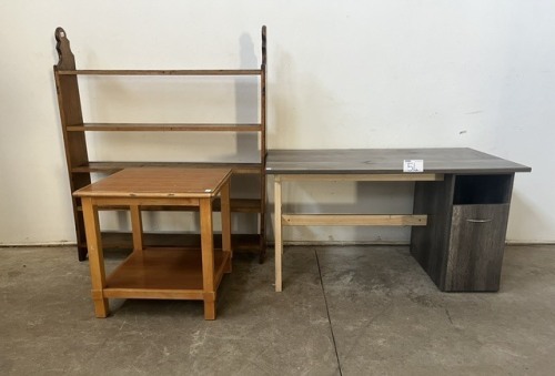OFFICE DESK, WOODEN SHELF AND SIDE TABLE