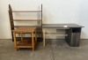OFFICE DESK, WOODEN SHELF AND SIDE TABLE