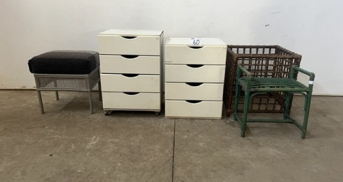 2 X PEDESTALS, WICKER OTTOMAN, WICKER BENCH AND OTHER GOODS