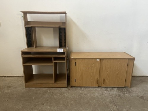 WOODEN 2 DOOR CUPBOARD AND COMPUTER STAND