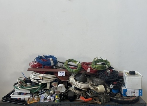 ASSORTED CABLES, LIGHT BULBS, DART BOARD, HAND SAW, CIRCUIT BREAKERS, ANGLE GRINDER AND OTHER GOODS
