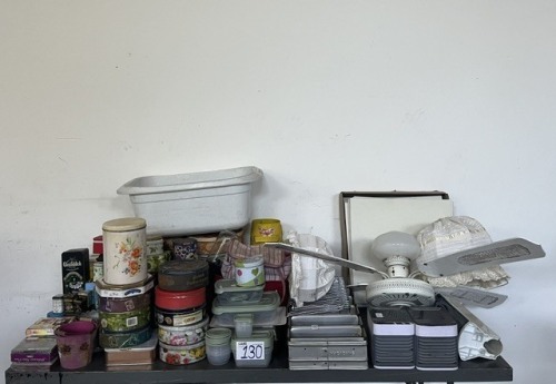 CEILING FAN/LIGHT, BREAD PAN, TINS, BEDSIDE LAMP AND OTHER GOODS