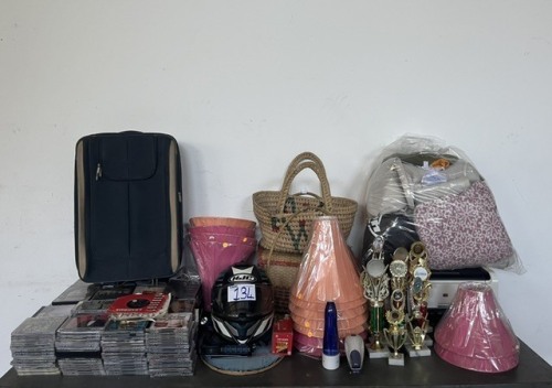MOTORCYCLE HELMET, HP PRINTER, LAMP SHADES, CDS, CANE BASKET, TROPHIES AND OTHER GOODS