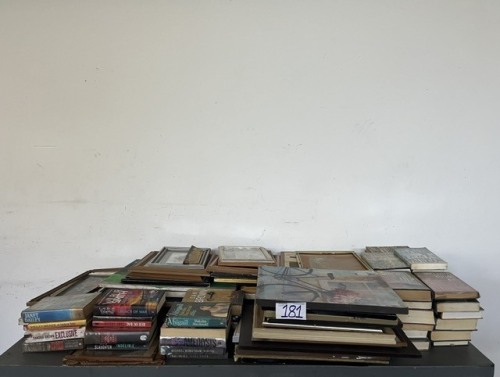 ASSORTED BOOKS, PICTURE FRAMES AND HANGING HAMMOCK CHAIR