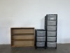 BOOKSHELF AND PLASTIC STORAGE UNITS