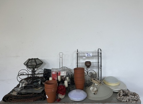 ASSORTED CEILING LIGHTS, POT PLANTERS, TOW BAR, CANDLE HOLDERS AND OTHER GOODS