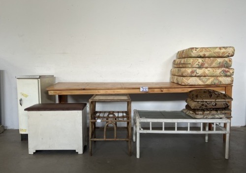 SERVER TABLE, CANE COFFEE TABLE, KITCHEN CUPBOARD, CANE SIDE TABLE, DRESSING TABLE STOOL AND CUSHIONS