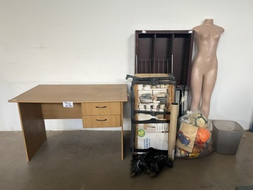 OFFICE DESK ,DVD RACK, MANNEQUIN, ROLLER SKATES, TOYS, BABY GATE, DOUBLE ROD WARDROBE AND OTHER GOODS