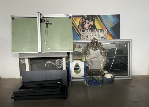 DRAWING BOARD, MIRROR (BROKEN), FISH TANK, PAINTING, CHALK BOARD AND OTHER GOODS