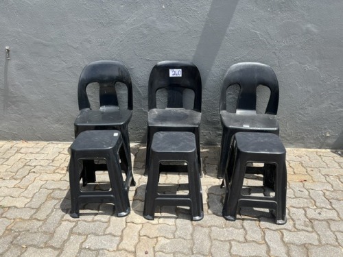 3 X PLASTIC CHAIRS AND 3 X PLASTIC STOOLS