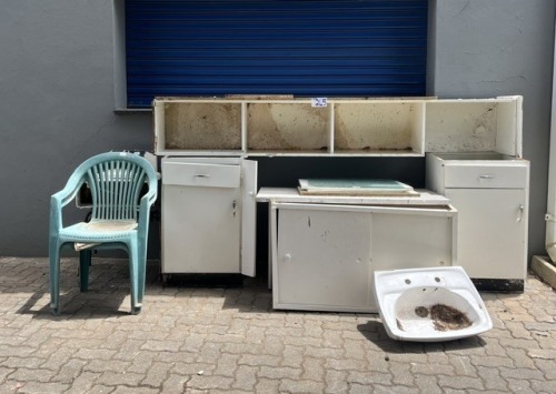 ASSORTED KITCHEN CUPBOARDS, PLASTIC CHAIRS, BASIN AND CISTERN