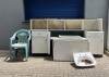 ASSORTED KITCHEN CUPBOARDS, PLASTIC CHAIRS, BASIN AND CISTERN