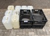6 X 25L WATER CONTAINERS AND 4 X PLASTIC CRATES