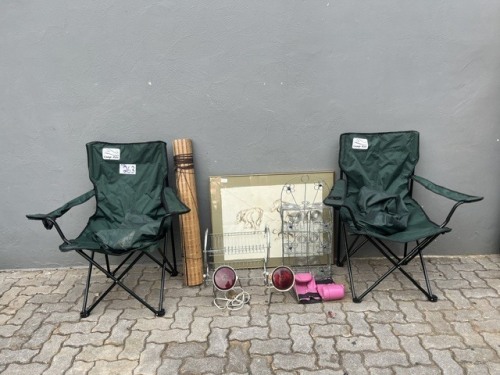 2 X CAMPING CHAIRS, BLIND, DISHRACK, LIGHTS AND OTHER GOODS