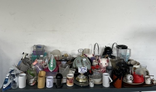 ASSORTED KITCHENWARE , IRONS AND OTHER HOUSEHOLD GOODS