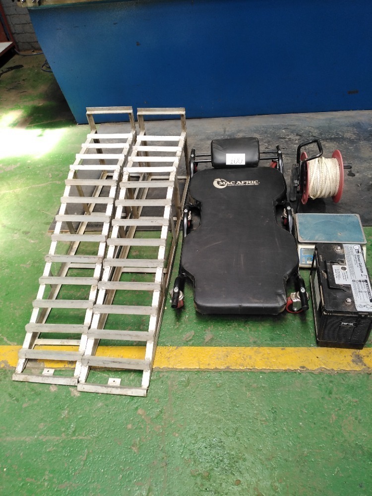 2 X CAR RAMPS, BATTERY, SCALE, MECHANICAL CREEPER AND OTHER GOODS ...