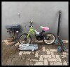 RYOBI DRILL PRESS (NOT WORKING), KIDDIES BICYCLE, BICYCLE RACK AND CAR JACK