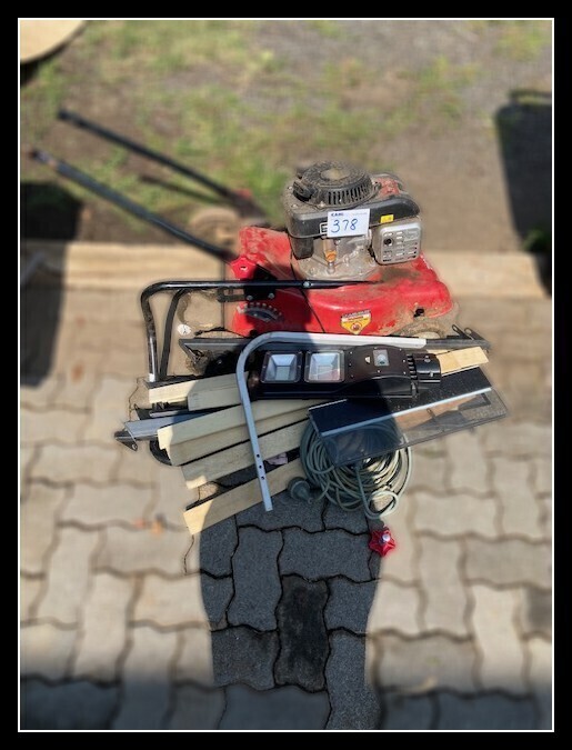 RYOBI PETROL LAWNMOWER (NOT WORKING), LED SOLAR LIGHT, EXTENSION CABLES