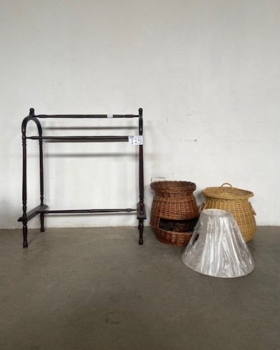 TOWEL STAND, LAMP SHADE AND CANE BASKET