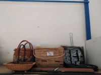 3 X CANE BASKET, PICNIC SET AND POOL CUE