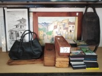 ASSORTED DVDS, WINE BOXES, HAND BAG, PAINTING AND PHOTO FRAMES