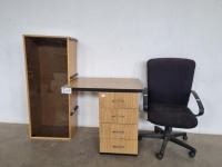 OFFICE CHAIR, DISPLAY CABINET AND PEDESTAL