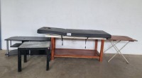 MASSAGE BED, FOLD UP TABLE, STEEL SIDE TABLE AND ENTERTAINMENT STAND